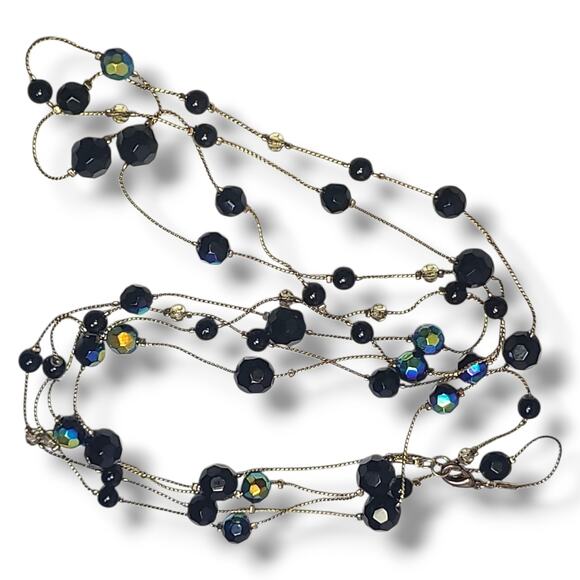 Vintage Extra Long Gold Tone Blue Black Peacock Beaded Station Necklace 72" - Picture 4 of 8